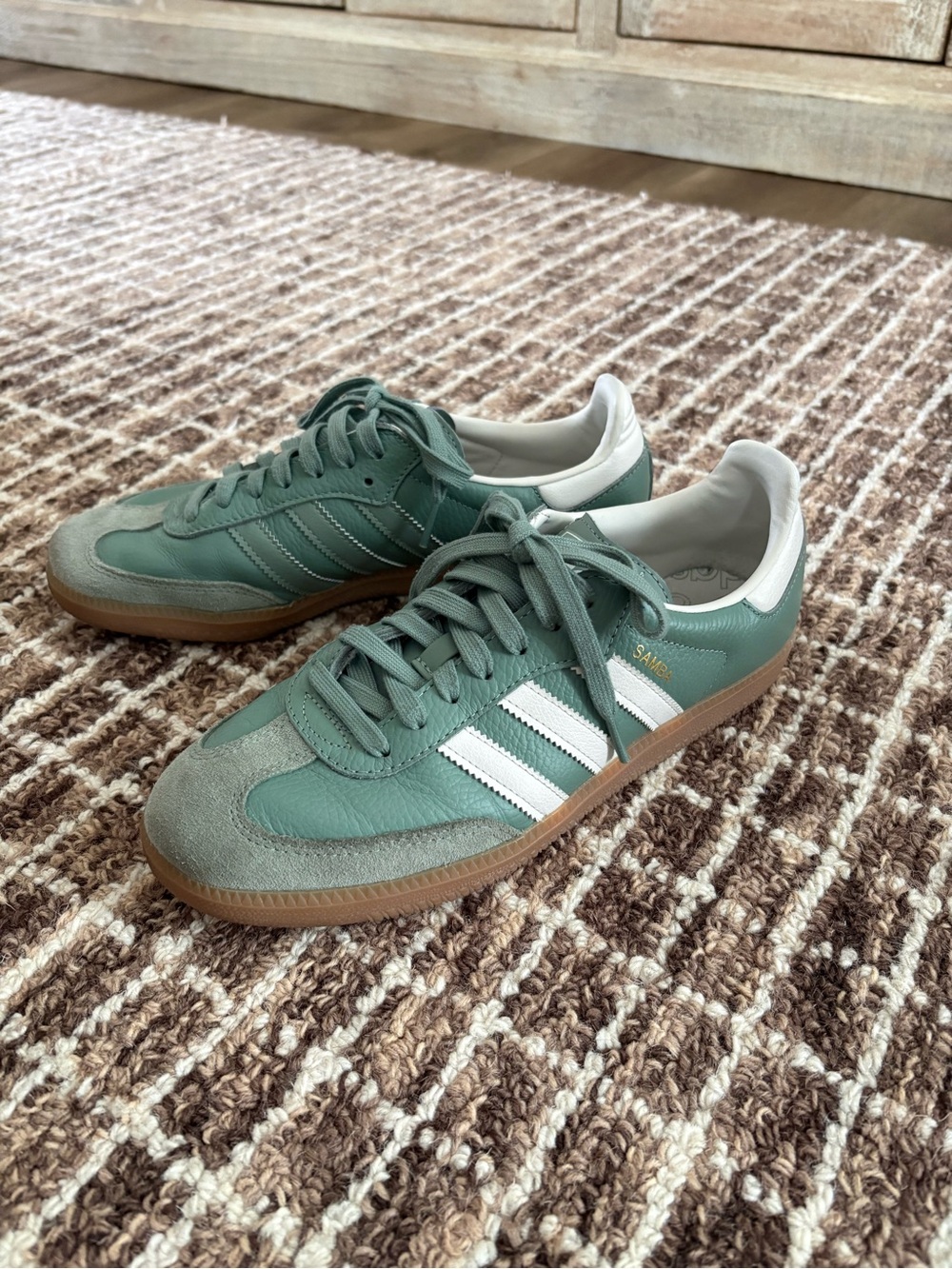 adidas Samba Sneakers in Sage Green with White Stripes and Gum Sole - Picture 3 of 6